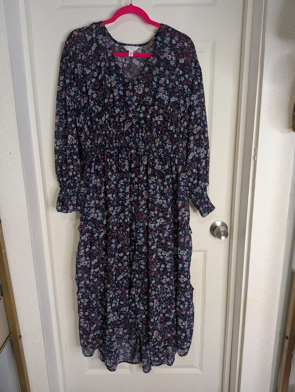 Time and Tru blue floral print smocked waist tiered maxi dress Size XL